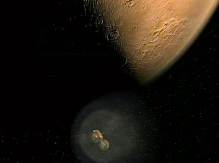 This is a still image from an animation of Mars Reconnaissance Orbiter conducting aerobraking around Mars.  The background is the black of space with small white stars.  The top of the image shows the bottom half of a dusty orange Mars, part of it lit by sun and part in darkness.  Below the planet is the orbiter surrounded by a ghostly glow that indicates its resistance against the martian atmosphere.