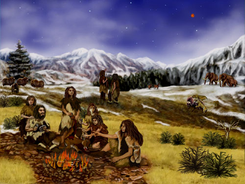 Cảnh tượng người Neanderthal 60 ngàn năm trước, với Sao Hoả đang toả sáng ở góc trên bên phải