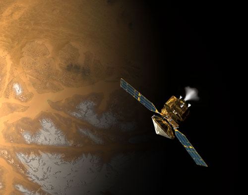 This image is an artist's concept of the Mars Reconnaissance Orbiter during its orbit insertion.  At the center is the spacecraft's large circular high-gain antenna, followed by its immense solar panels and then the boxy main bus.  At the rear of the spacecraft bus, the main engine fires, producing a vaporous white puff.  The view is from above, looking down on the spacecraft as it makes its way under the southern hemisphere of the red planet, characterized by its icy polar cap.