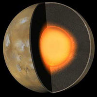 This artist's concept of the interior of Mars shows a hot liquid core that is about one-half the radius of the planet.