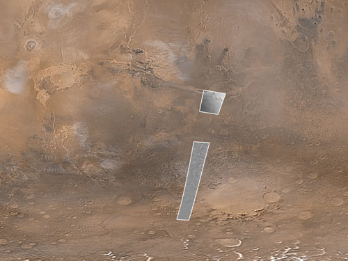 This image shows shows a color view cropped from a Mars Orbiter Camera