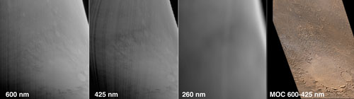 This image compares three views acquired by MARCI to a color composite of two views acquired about four hours later by the wide-angle imager of Mars Orbiter Camera.