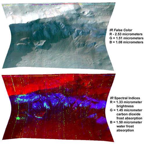 Top Image:  This image is in the shape of the waist area of a human.  The sides are curved inward.  The top left corner is white with a few circles, which are craters.  Everything else in the images is darker hue due to the shadow cast by a crater wall. The middle area of the image is greenish-blue and has features that are jagged and steep that look like crevices of human molar teeth.  The bottom third of the image is flat and smooth compared to the rest of the image. Bottom Image:  This image is in the shape of the waist area of a human.  The sides are curved inward.   The base of the image is a deep red with a little brighter red in the upper right. Everything else is darker due to the shadow cast by a crater wall.  The middle area is pixelated with thick cloud-like shapes of blue that cover the red.  A few pixels of green dot the image in a small vertical line in the center of the image and to the far right, going up and down the image.