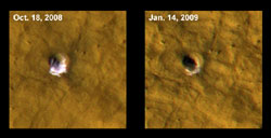 NASA spacecraft sees ice on Mars exposed by meteor impacts.
