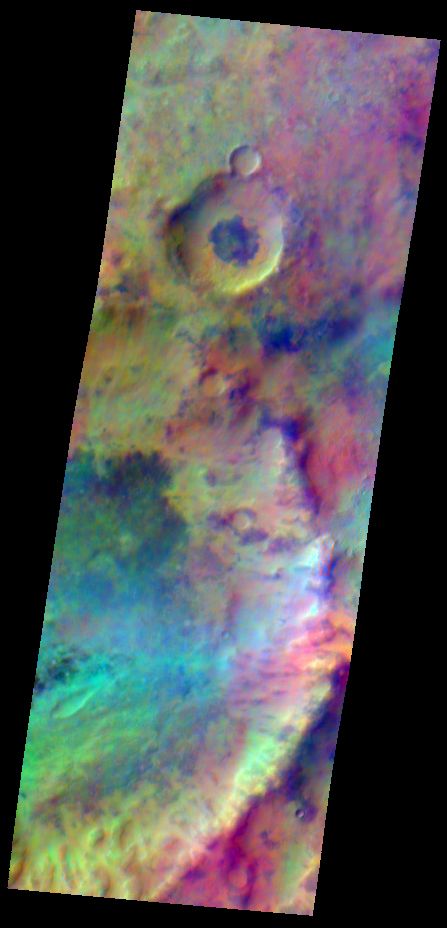 Pastel colors swirl across Mars, revealing differences in the composition and nature of the surface in this false-color infrared image.