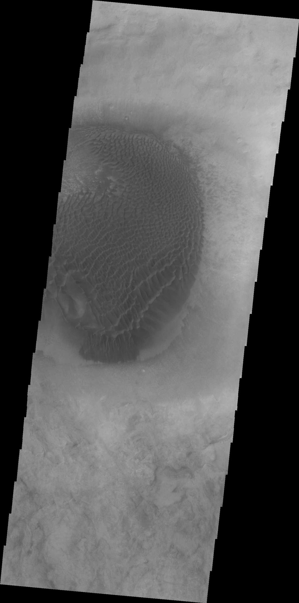 A large mound of sand and dune forms are located on the floor of an unnamed crater south of Rabe Crater in Noachis Terra.