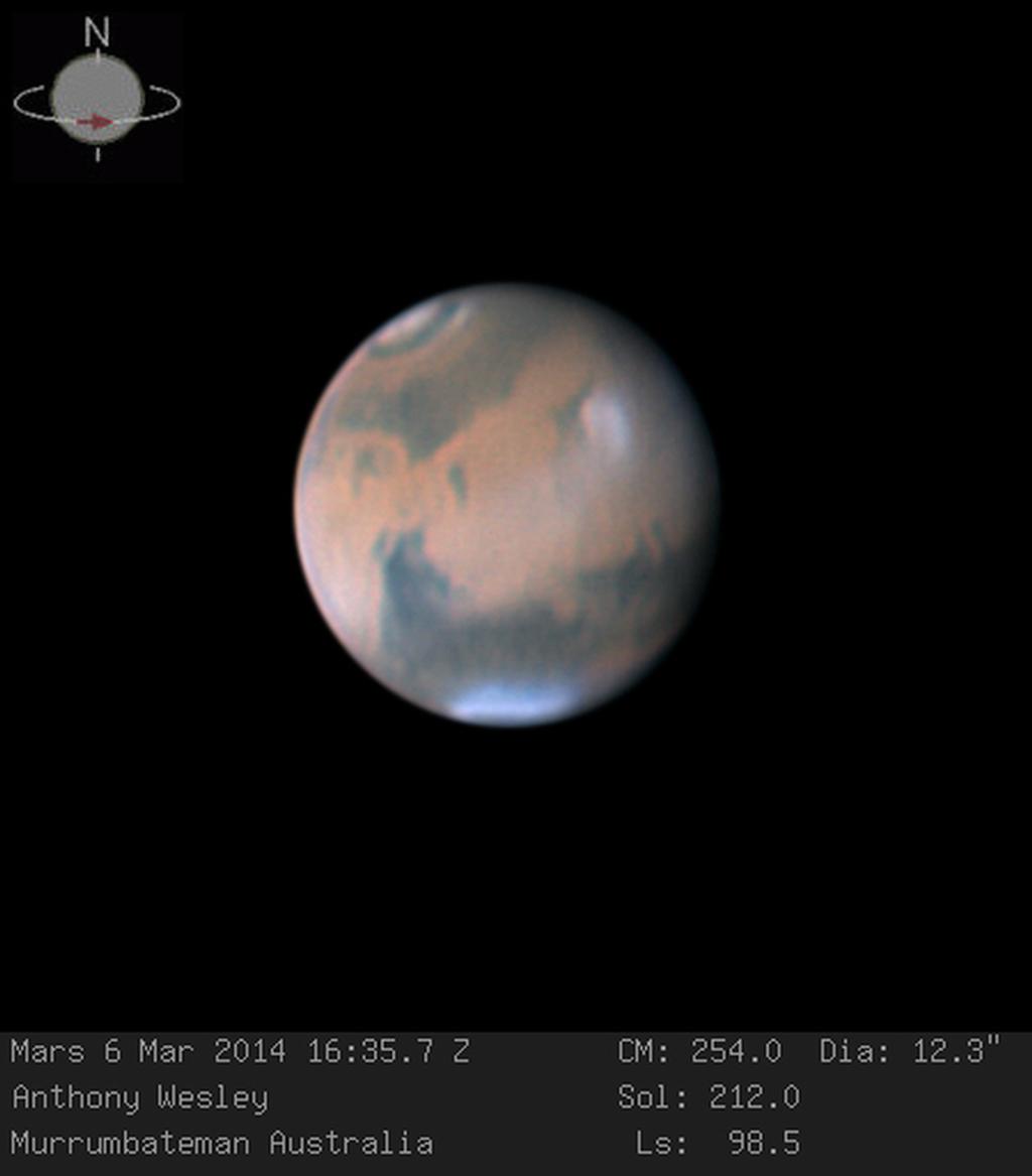 Mars, photographed on March 6, 2014, by Australian amateur astronomer Anthony Wesley using a 16-inch telescope