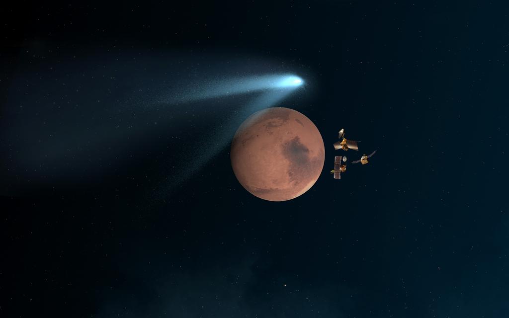 This artist's concept shows NASA's Mars orbiters lining up behind the Red Planet for their "duck and cover" maneuver to shield them fro comet dust that may result from the close flyby of comet Siding Spring (C/2013 A1) on Oct. 19, 2014.