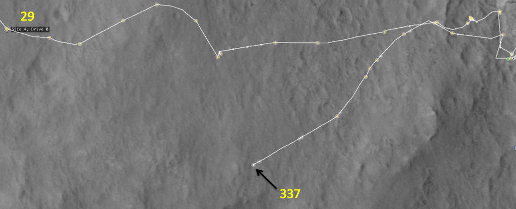 This map shows the route driven by NASA's Mars rover Curiosity through the 337 Martian day, or sol, of the rover's mission on Mars (July 18, 2013).