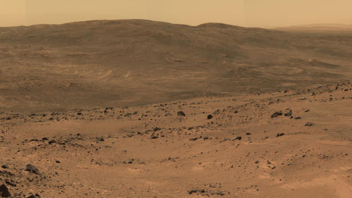 This section from a panorama that NASA's Mars Exploration Rover Spirit acquired in October 2005 from the top of 