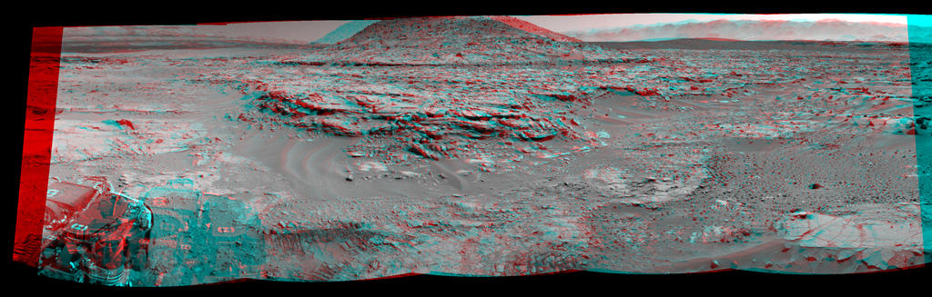 Stereo View of 'Mount Remarkable' and Surrounding Outcrops at Mars Rover's Waypoint