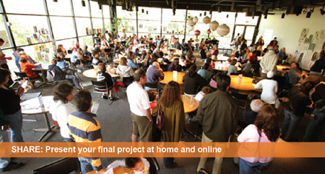 Share: Present your final project at home and online. A large group of people gather to see a group of Imagine Mars students present their work.