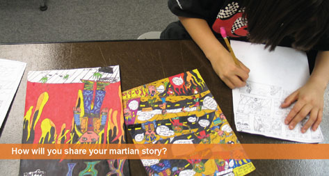 How will you share your martian story? A teenage Caucasian boy colors in his comic book story that he made. Pages of comics are covering the table.