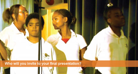 Who will you invite to your final presentation? Four young African American children getting ready for a presentation.