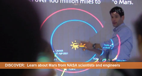 Discover: Learn about Mars from NASA scientists and engineers. A JPL scientist lectures a group of students on the position of Mars in the solar system.