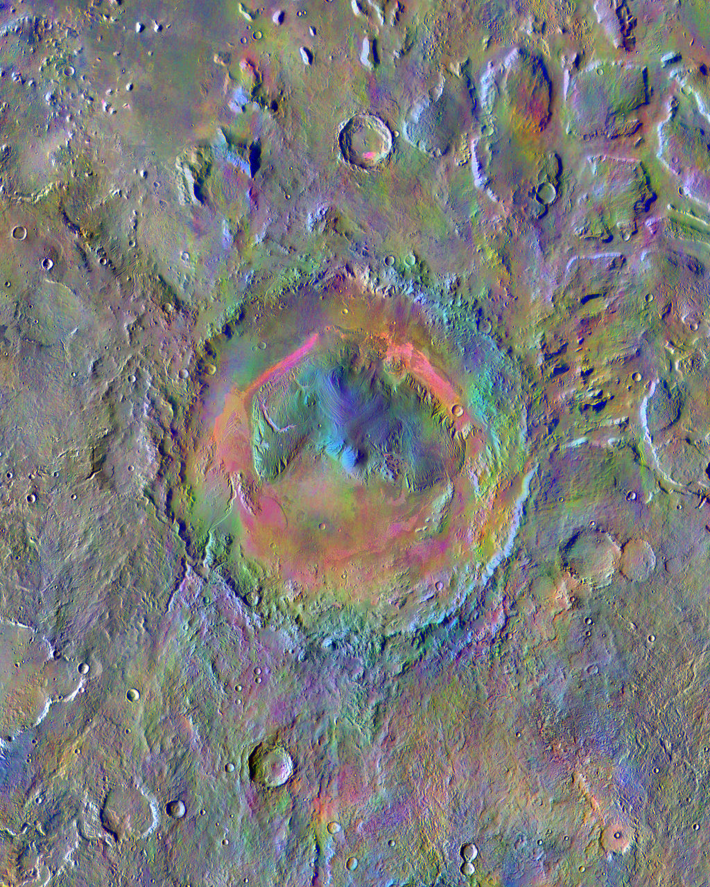 Gale Crater, home to NASA's Curiosity Mars rover, shows a new face in this image made using data from the THEMIS camera on NASA's Mars Odyssey orbiter.