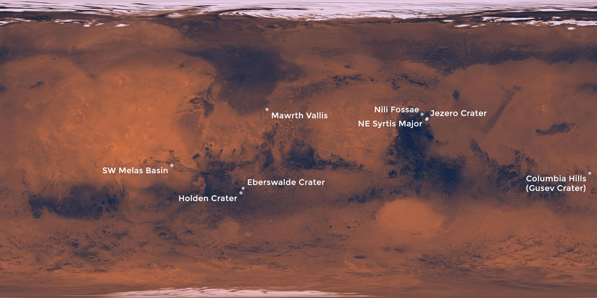 A global map of rusty, reddish Mars, with labels of eight potential landing sites identified in the mid-latitudes.