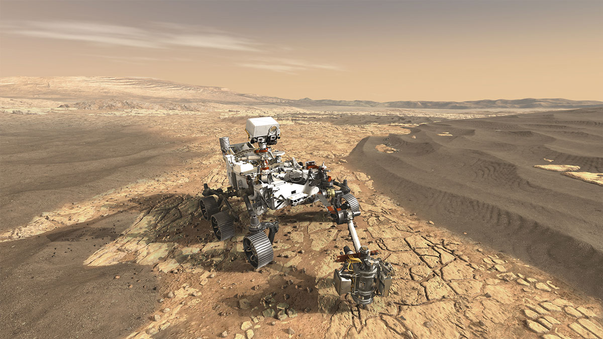 This artist's concept depicts NASA's Mars 2020 rover exploring Mars