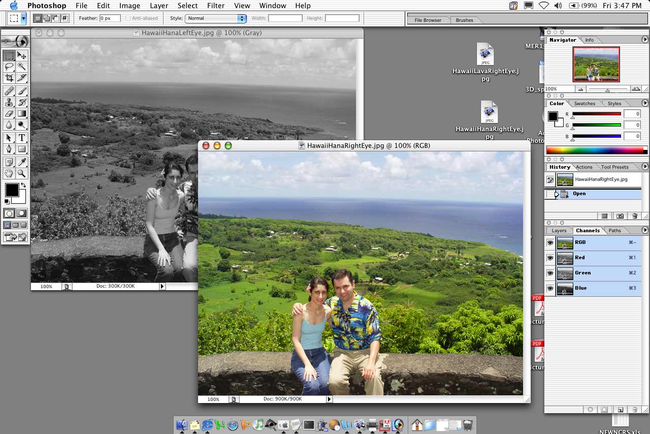 This series of screenshots illustrates the steps outlined in the story describing how to make 3-D images. The images used here are Gorjian and his fiance's Hawaiian vacation photos.