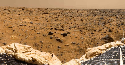 Subsection of a 360 degree panorama taken by the Imager for Mars Pathfinder (IMP).