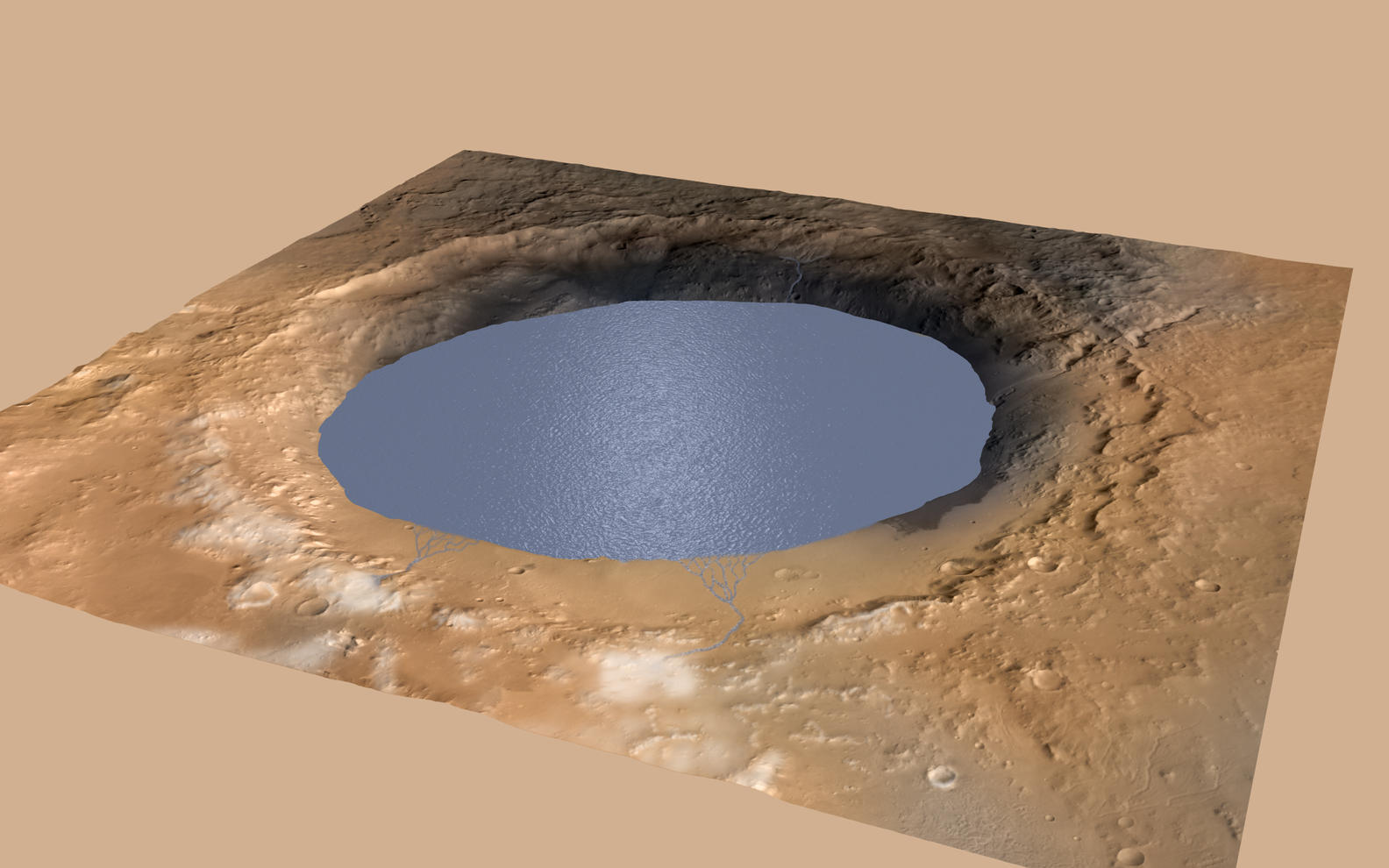 Simulated View of Gale Crater Lake on Mars