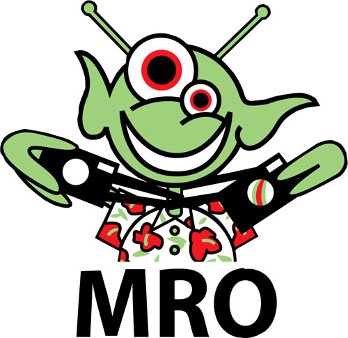 This image is of a little green alien meant to represent the Mars Reconnaissance Orbiter mission capability.  The character is wearing a green and red flowered 'Hawaiian' shirt and has two black cameras slung around its neck.  There is one large eye (like a Cyclops) and a smaller one next to that.  The alien has large, floppy ears and antennae atop its head.