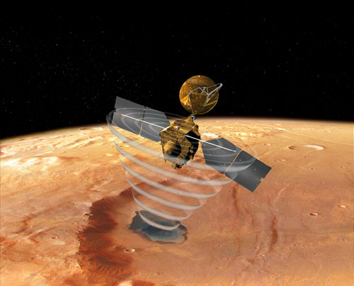 This image is an artist's concept of a view looking down on the Mars Reconnaissance Orbiter.  The SHARAD radar antenna - a silver-colored, long, pole-like feature - juts out horizontally from the boxy bus of the spacecraft.  The bus, covered in reflective gold thermal blanketing, is flanked by its two large rectangular solar panels.  Above the spacecraft bus is the large circular high-gain antenna that is the conduit for transmitting and receiving data.  Emanating from the SHARAD antenna are smoky, circular rings that represent the radar at work, 