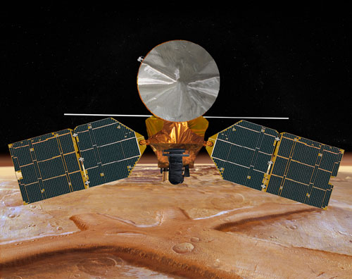 This image is an artist's concept of the Mars Reconnaissance Orbiter hovering over the dusty orange surface of Mars.  Small craters, hills and gullies are visible on the surface.  The large spacecraft's center consists of a boxy bus, covered in reflective gold thermal blanketing.  Above the bus sits the spacecraft's large, circular high-gain antenna.  Behind the main bus is a long thin pole that lies parallel to the martian surface and represents the SHARAD radar.  Flanking the center and pointed slightly downward are the two large solar panels.  They are rectangular in shape and covered in thousands of tiny dark squares of solar cells.