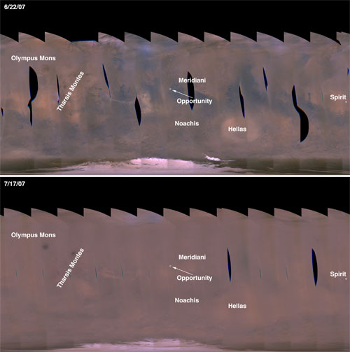 MRO MARCI image mosaics of Mars showing very moderate dust storm activity on 22 June 2007, and another showing much of the planet obscured by a dust veil on 17 July 2007.