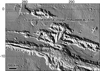 This locator map based on elevation data from the Mars Orbiter Laser Altimeter on NASA's Mars Global Surveyor indicates this location in the context of the Candor Chasma region