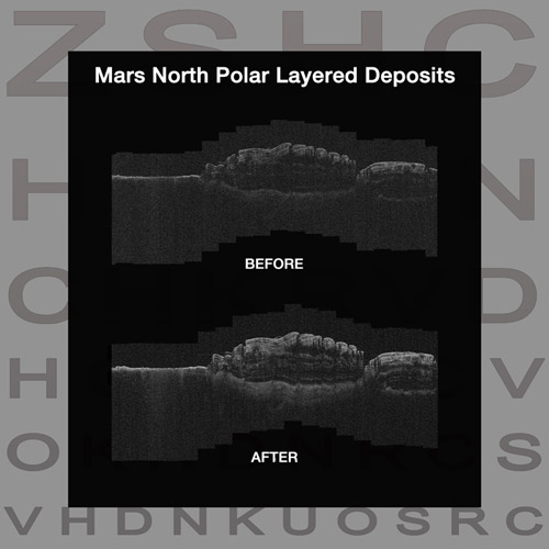 This is a set of two images, with the before image on top and the after image on the bottom.  The pair is meant to highlight how rolling the spacecraft will allow scientists a clearer view of more layering at Mars poles.  The background of the image shows an eye chart like the ones used by eye doctors to test vision.  Both radar images are black and white.  The top image shows a vague, white radar reading that represents rock layering.  The bottom image is much stronger, showing multiple rock layers.