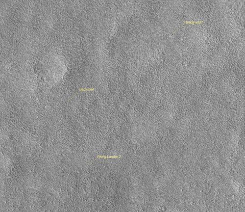 This high resolution image taken by MRO shows the Viking 2 landing site.