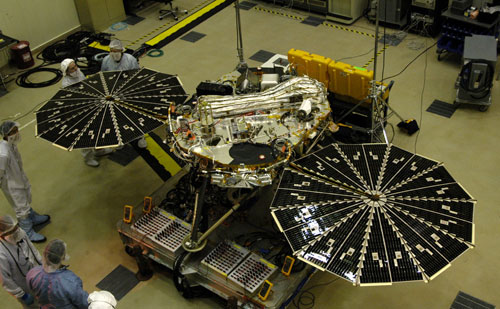 This image shows the Phoenix Mars Lander with both solar arrays open