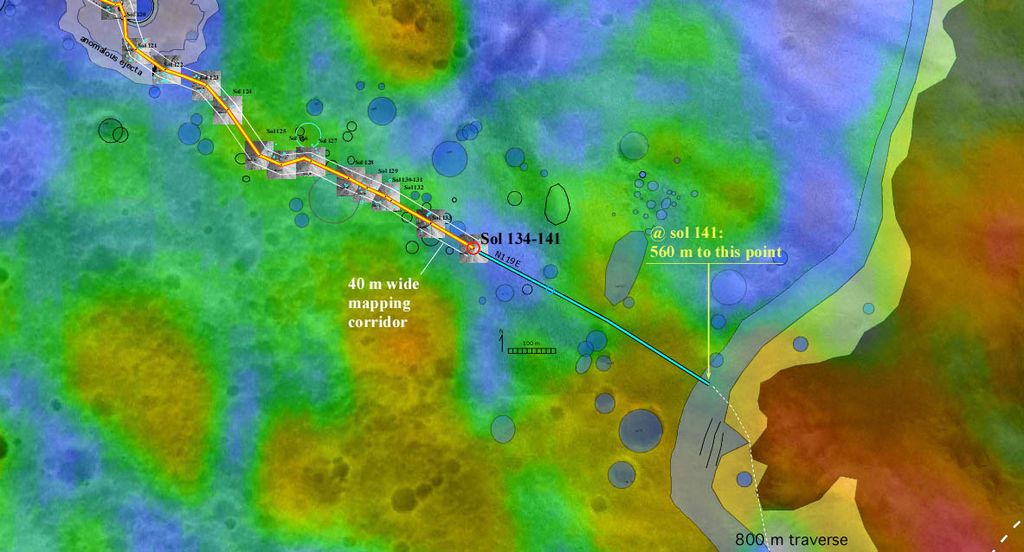 This color thermal data map generated for the rover mission reveals rocky terrain in red and dustier terrain in blue on Spirit's journey toward the Columbia Hills.