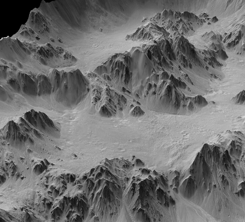 A digital terrain model generated from a stereo pair of images provides this synthesized, oblique view of a portion of the wall terraces of Mojave Crater in the Xanthe Terra region of Mars.