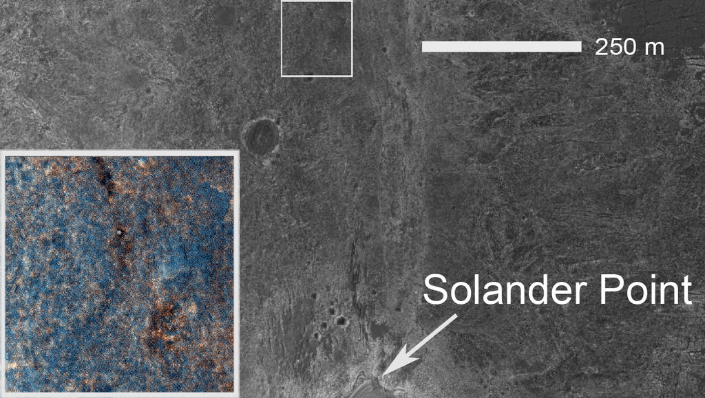 This image shows the location of the rover-containing section of new color image in relation to Solander Point.