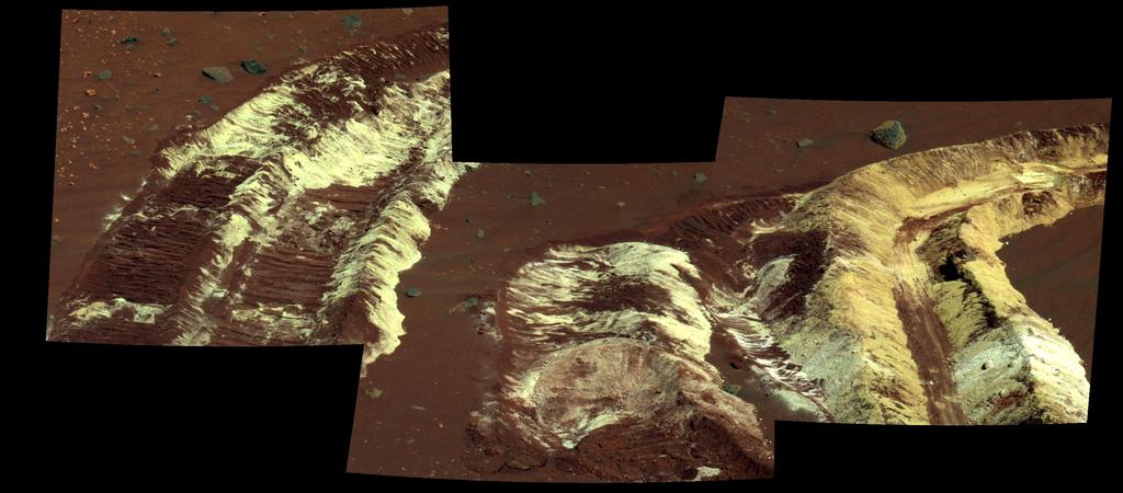 While driving eastward toward the northwestern flank of "McCool Hill," Spirit's wheels churned up the largest amount of bright soil discovered so far in the mission.