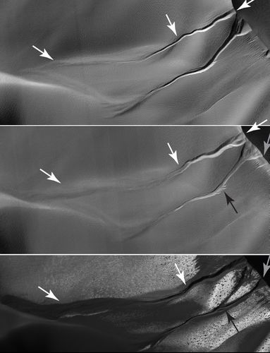 The gullies on a Martian sand dune in this trio of images from NASA's Mars Reconnaissance Orbiter deceptively resemble features on Earth that are carved by streams of water.