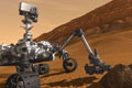 Link to Mars: Multimedia - An Illustration of the MSL Rover with its arm extended to sample a Mars rock.