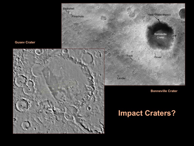 Impact Craters? Left: Gusev Crater - The designated landing site for the first Mars Exploration Rover mission is Gusev Crater, seen here in its geological context from NASA Viking images. Right: Bonneville Crater - Wheel tracks left by NASA's Mars Exploration Rover Spirit, and even the rover itself, are visible in this image from the Mars Orbiter Camera on NASA's Mars Global Surveyor orbiter. 