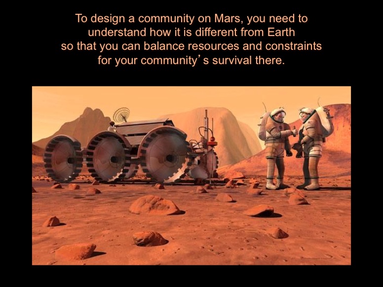 To design a community on Mars, you need to understand how it is different from Earth so that you can balance resources and constraints for your community's survival there.