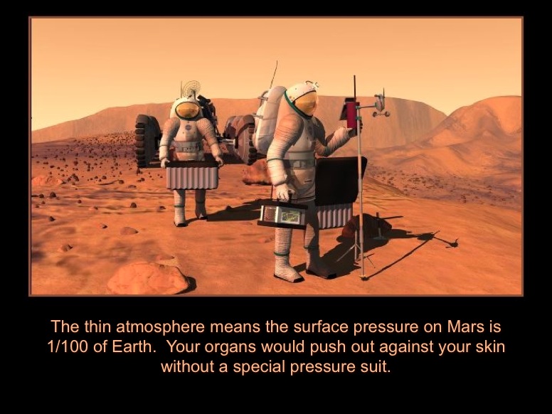 The thin atmosphere means the surface pressure on Mars is 1/100 of Earth.  Your organs would push out against your skin without a special pressure suit. This artist's  