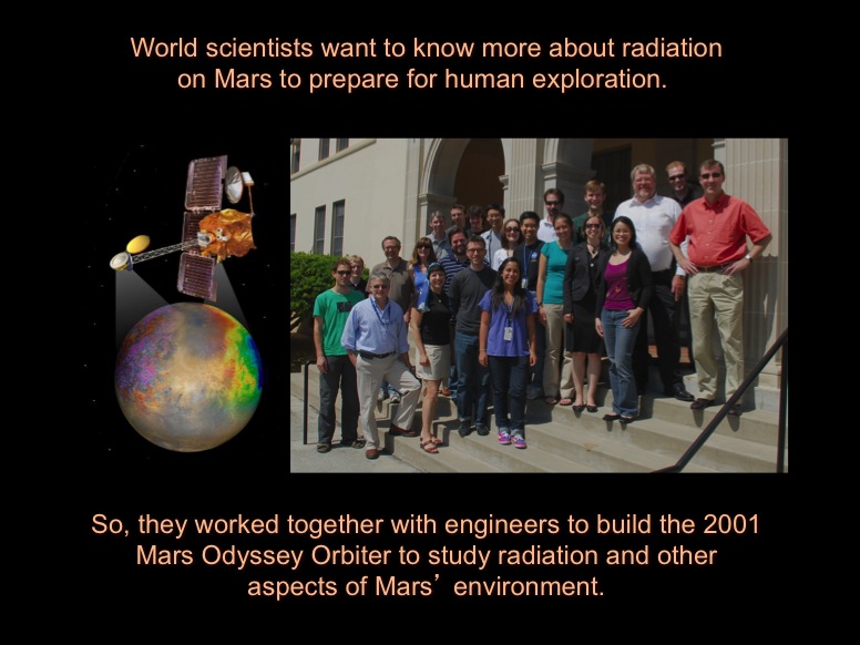 World scientists want to know more about radiation on Mars to prepare for human exploration. So, they worked together with engineers to build the 2001 Mars Odyssey Orbiter to study radiation and other aspects of Mars' environment. Image left: artists concept of the 2001 Mars Odyssey over Mars. Image right: a photo of some of the people working on Mars Odyssey.