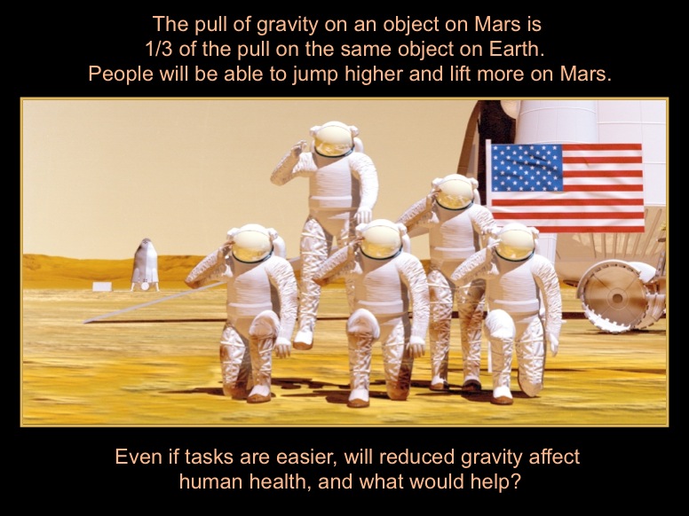 The pull of gravity on an object on Mars is 1/3 of the pull on the same object on Earth.  People will be able to jump higher and lift more on Mars. Even if tasks are easier, will reduced gravity affect human health, and what would help? This artists concept shows several astronauts on the surface of Mars with an American flag in the background.