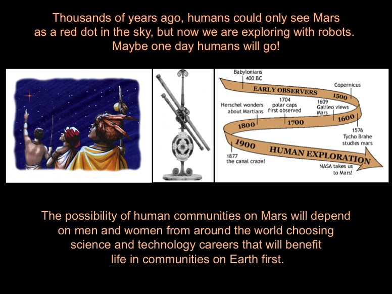 Thousands of years ago, humans could only see Mars as a red dot in the sky, but now we are exploring with robots.  Maybe one day humans will go! The possibility of human communities on Mars will depend on men and women from around the world choosing science and technology careers that will benefit life in communities on Earth first. The first image is an artists concept of ancient people looking up at the sky. The second image is of an ancient instrument. The third image is a timeline of observation to exploration of Mars.