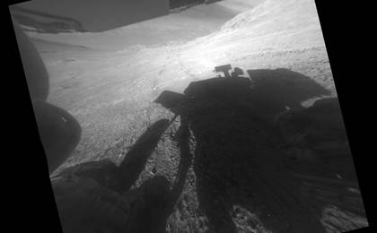 View image for Opportunity's Shadow and Tracks on Martian Slope
