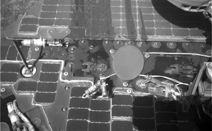 View image for Streaks on Opportunity Solar Panel After Uphill Drive