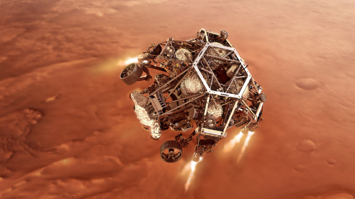  Curiosity descends to Mars under its rocket-powered "jetpack," the descent stage.