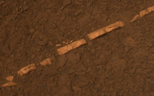 This color view of a mineral vein called "Homestake" comes from the panoramic camera (Pancam) on NASA's Mars Exploration Rover Opportunity.
