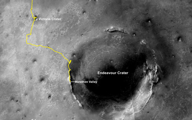 NASA's Opportunity Mars rover, working on Mars since January 2004, passed marathon distance in total driving on March 24, 2015. This map shows the rover's entire traverse from landing to that point.
